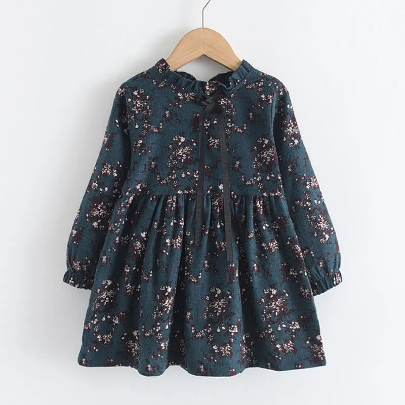 Full-shot of a Girls Floral Princess Dress, a charming and comfortable casual spring or autumn dress.