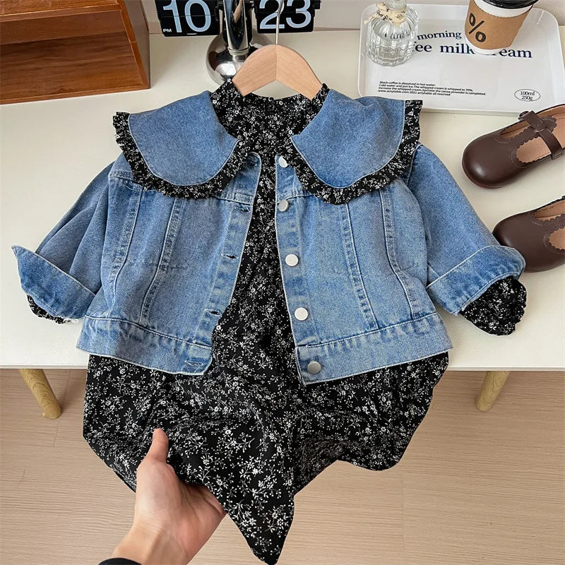 Girls' floral print dress and denim jacket set, perfect for spring. Toddler fashion two-piece outfit.