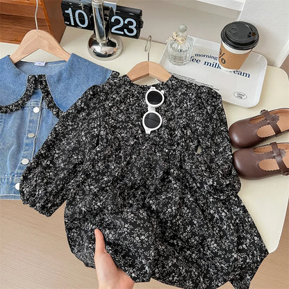 Girls' denim jacket with distressed details, stylish and durable for active toddlers. Spring clothing.