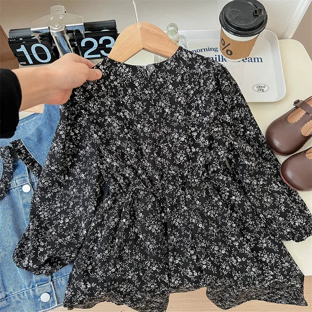 Toddler girl's floral dress and denim jacket set, a versatile and cute kids fashion choice for all seasons.