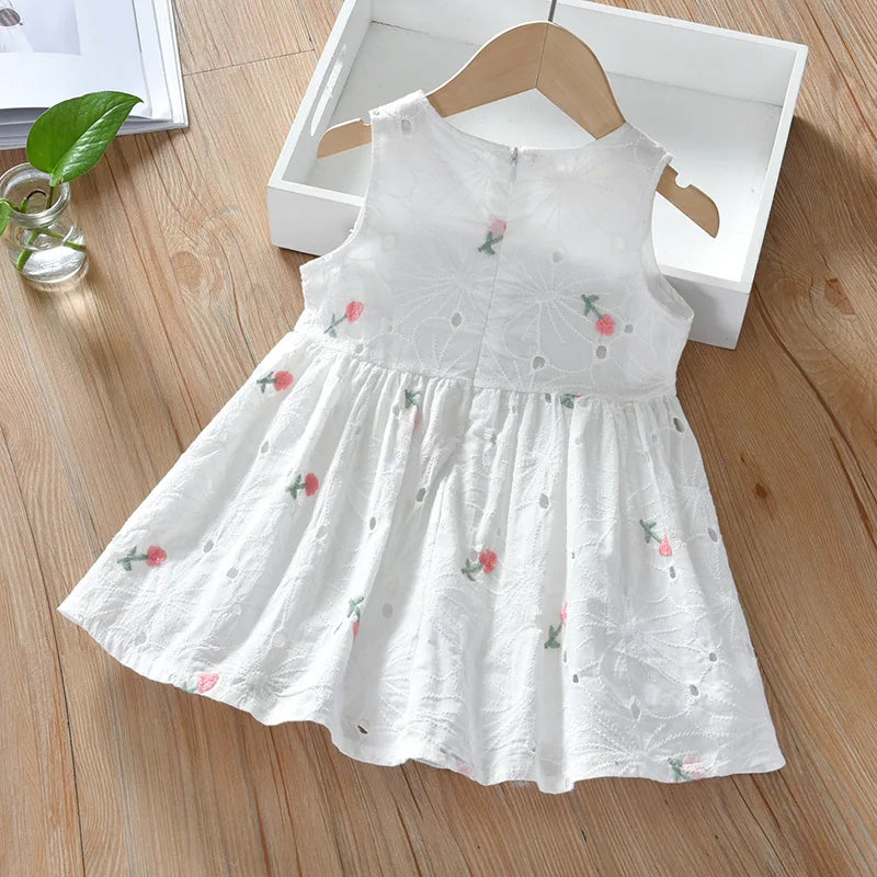Toddler girl in a vibrant floral sleeveless princess dress, soft cotton blend, ideal for special occasions