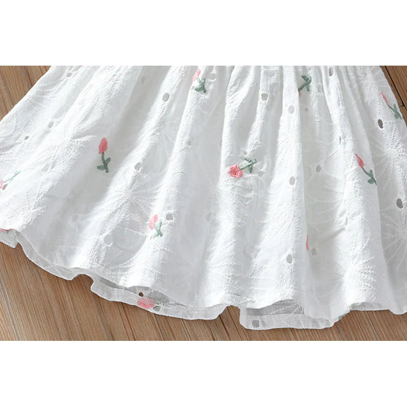 Back view of a girls floral sleeveless princess dress, cute bow detail, perfect for toddler summer outfits