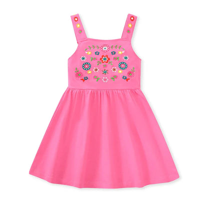 Detail of fabric and stitching on a girls' cotton floral summer play dress
