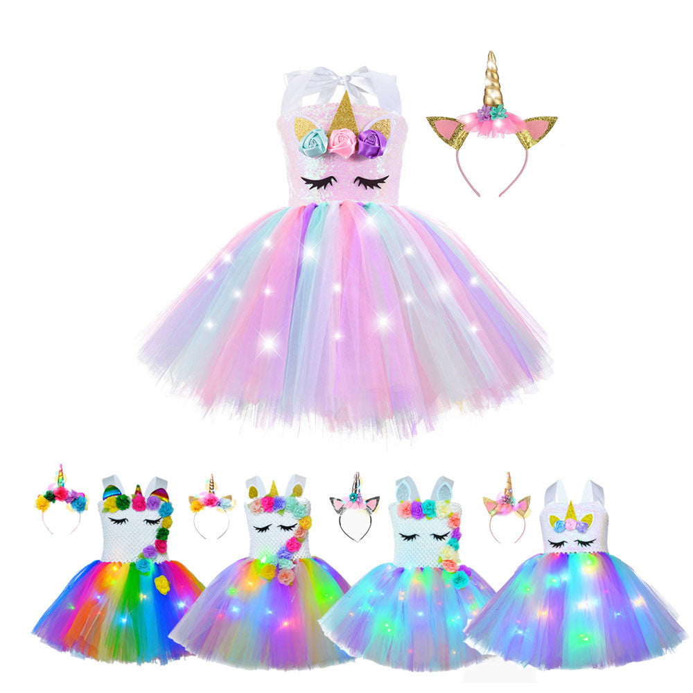 Girls' floral unicorn LED tutu dress with crochet top, perfect for a magical birthday party.