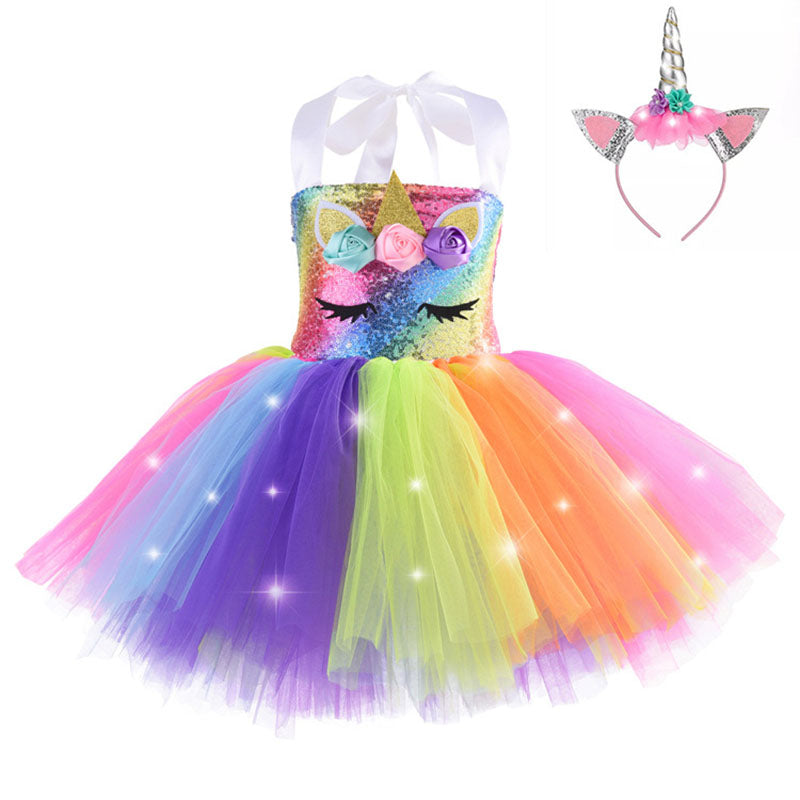 Girls' party dress: floral unicorn LED tutu with a comfortable crochet top for young children.
