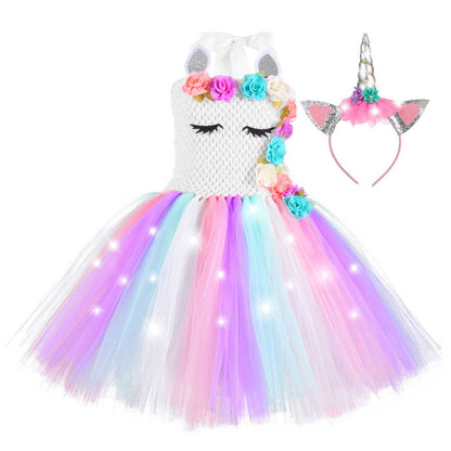 Unicorn-themed light-up tutu dress for girls, with a beautiful floral skirt and crocheted top.