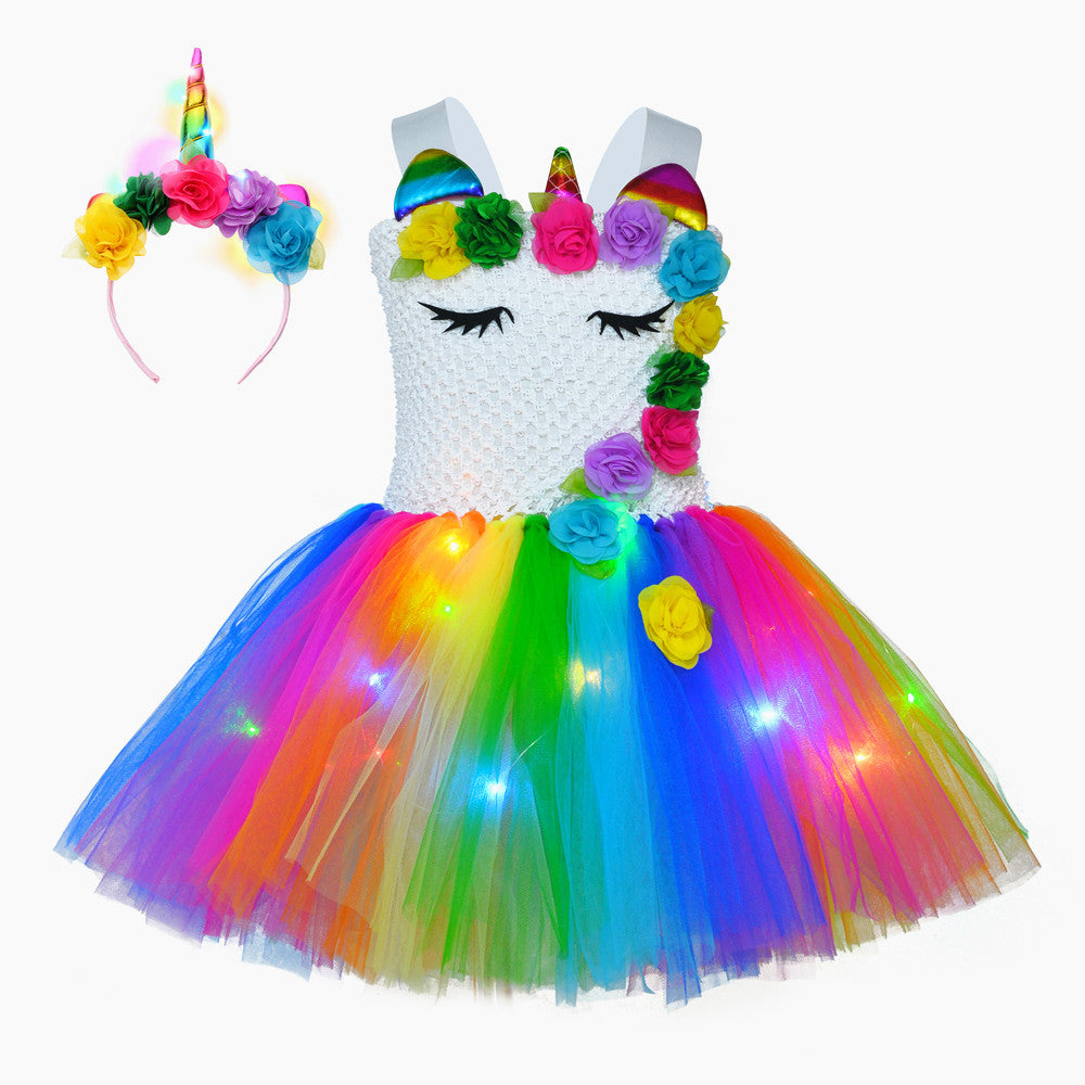 Birthday costume for girls: a floral unicorn LED tutu dress featuring a delicate crochet top.