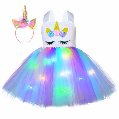 Kids' light-up dress: a sparkling floral unicorn LED tutu with a chic crochet top.