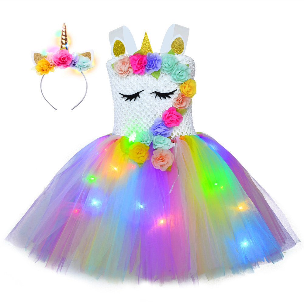 Enchanting girls' floral unicorn LED tutu dress, complete with a handcrafted crochet top.