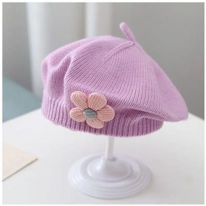 Toddler girls' warm knit beret hat, adorable flower detail, perfect autumn/winter accessory