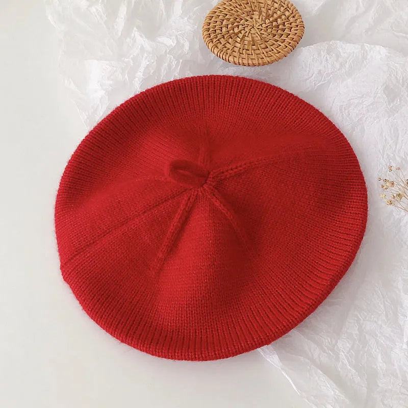 Winter hat for girls, knitted French style beret with flower accent, cozy kids fashion