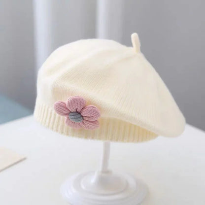 Girls' cute autumn beret, soft knit toddler hat with a dainty flower embellishment