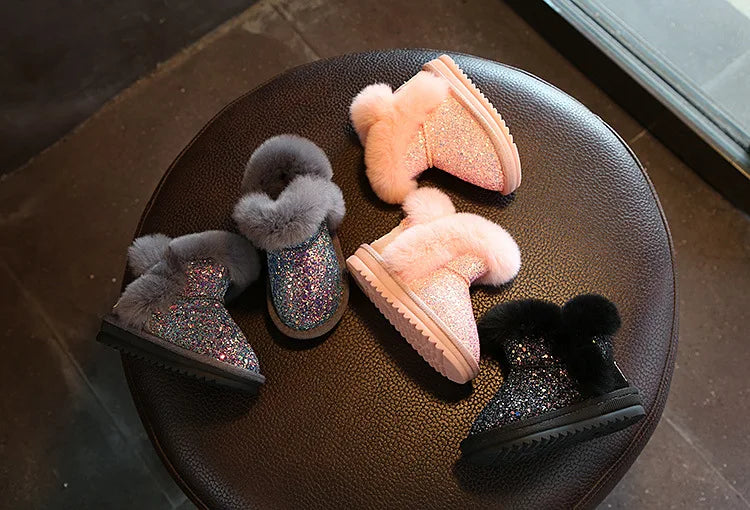 Warm girls' genuine leather snow boots with hook and loop closure, plush-lined interior