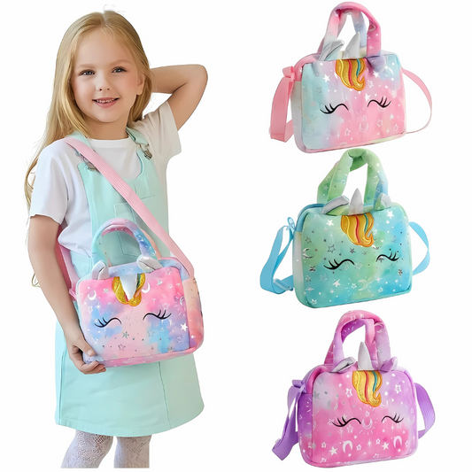 Girls' glitter unicorn crossbody purse with a vibrant rainbow strap, perfect for kids' play and fashion.