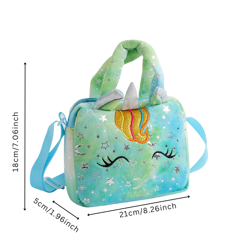 Close-up of a girls' glitter unicorn crossbody purse featuring a sparkling horn and ears, a fun children's accessory.