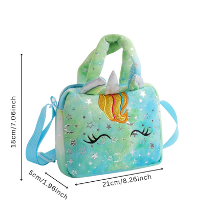 Close-up of a girls' glitter unicorn crossbody purse featuring a sparkling horn and ears, a fun children's accessory.