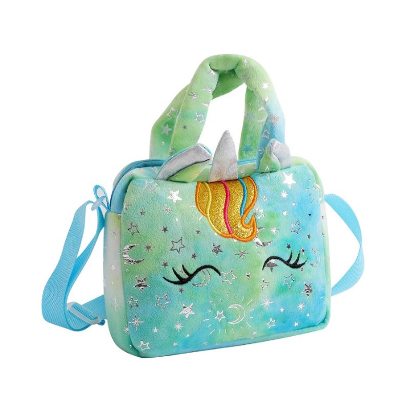 Stylish girls' unicorn crossbody purse with iridescent glitter and a secure zip closure, a great gift for girls.