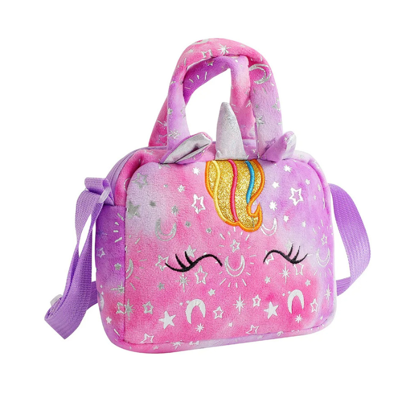 Playful girls' glitter unicorn bag, a small crossbody purse with a magical design for children's adventures.