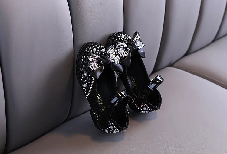 Girls' pink flats with a glitter finish and beautiful rhinestone bow, ultimate princess shoes