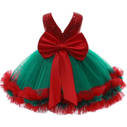 Girls green sleeveless sequin princess dress with ruffled skirt, perfect for parties.