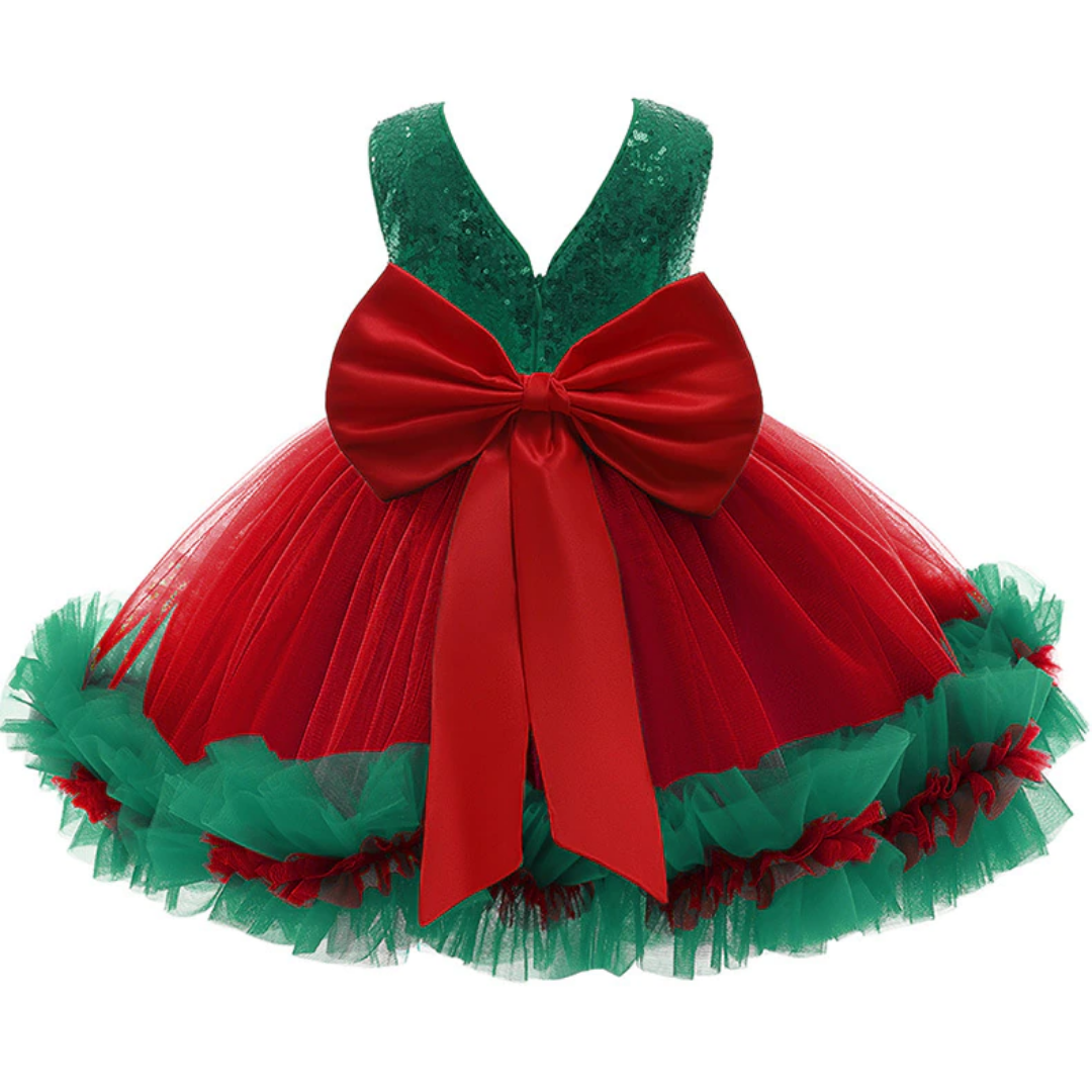 Toddler girl's festive green sequin and ruffle princess dress for special occasions.