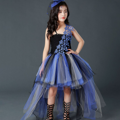 Toddler girl modeling a black and purple sleeveless Halloween trailing tutu dress, fun kids party apparel