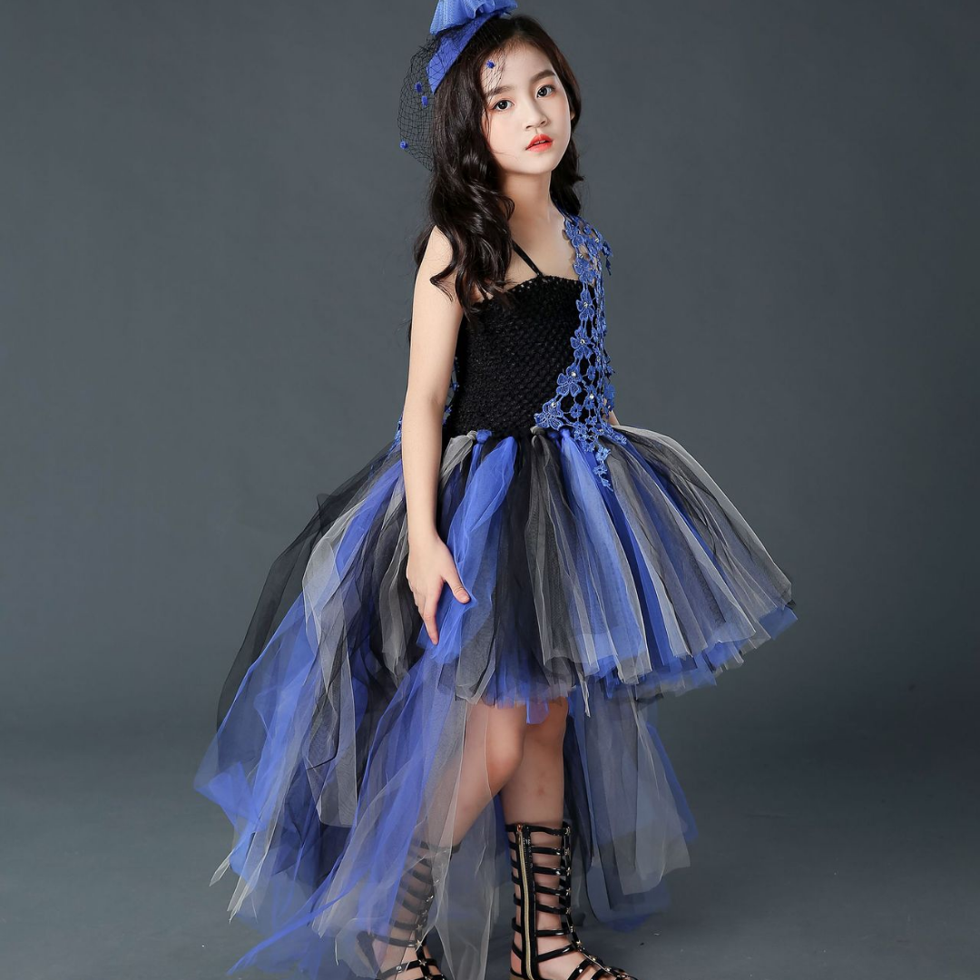 Full shot of a girls' Halloween costume: a black and purple trailing tutu dress with a voluminous skirt