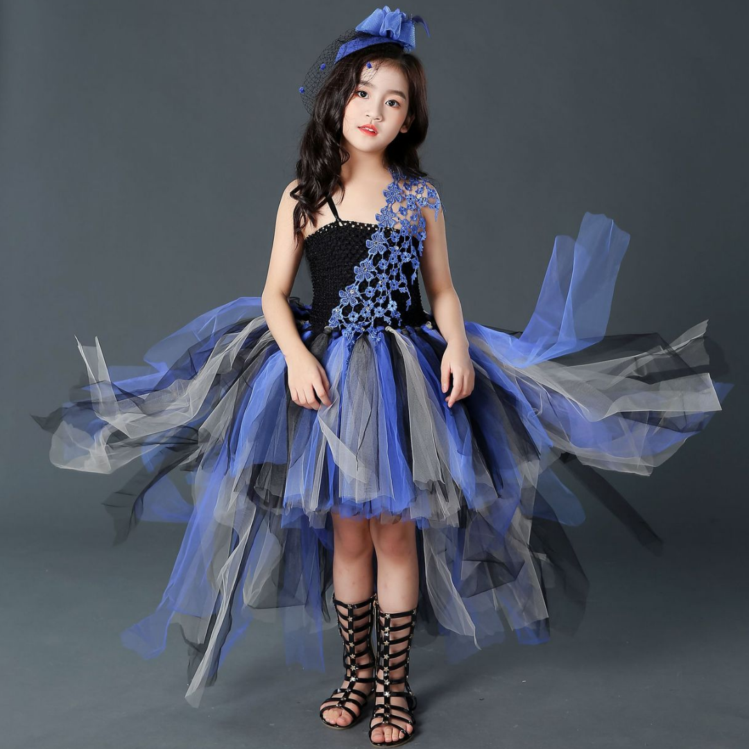 Casual yet fancy black and purple Halloween trailing tutu dress for girls' party wear, children's apparel