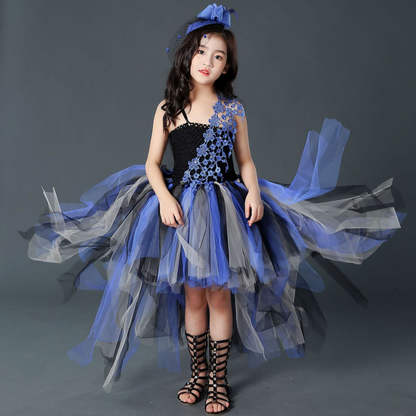 Casual yet fancy black and purple Halloween trailing tutu dress for girls' party wear, children's apparel