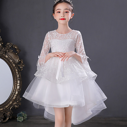 Girls' jacquard mesh bow princess party dress, dovetail, sleeveless, for special occasions.
