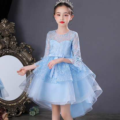 Elegant kids' fashion: Girls' dovetail jacquard mesh bow party dress, perfect birthday attire.