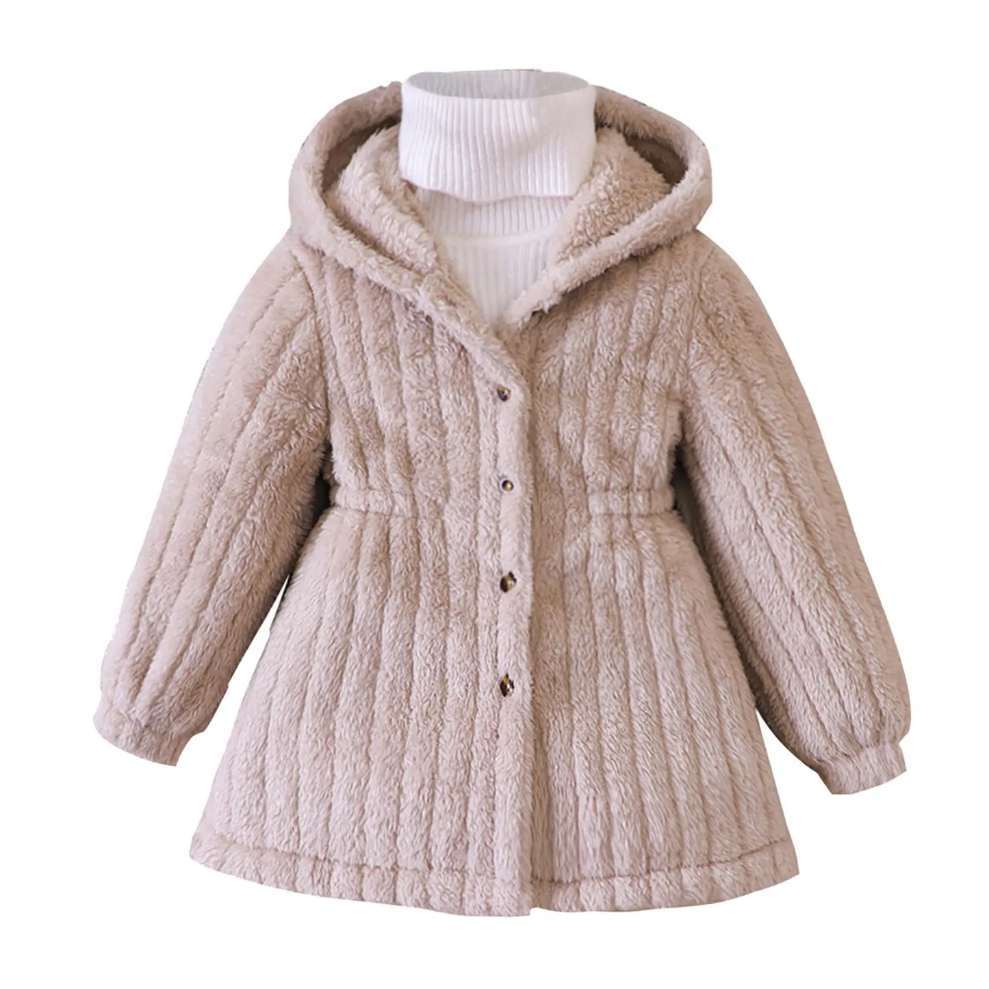 Close-up of soft fleece lining inside girls' khaki winter coat, emphasizing warmth and comfort