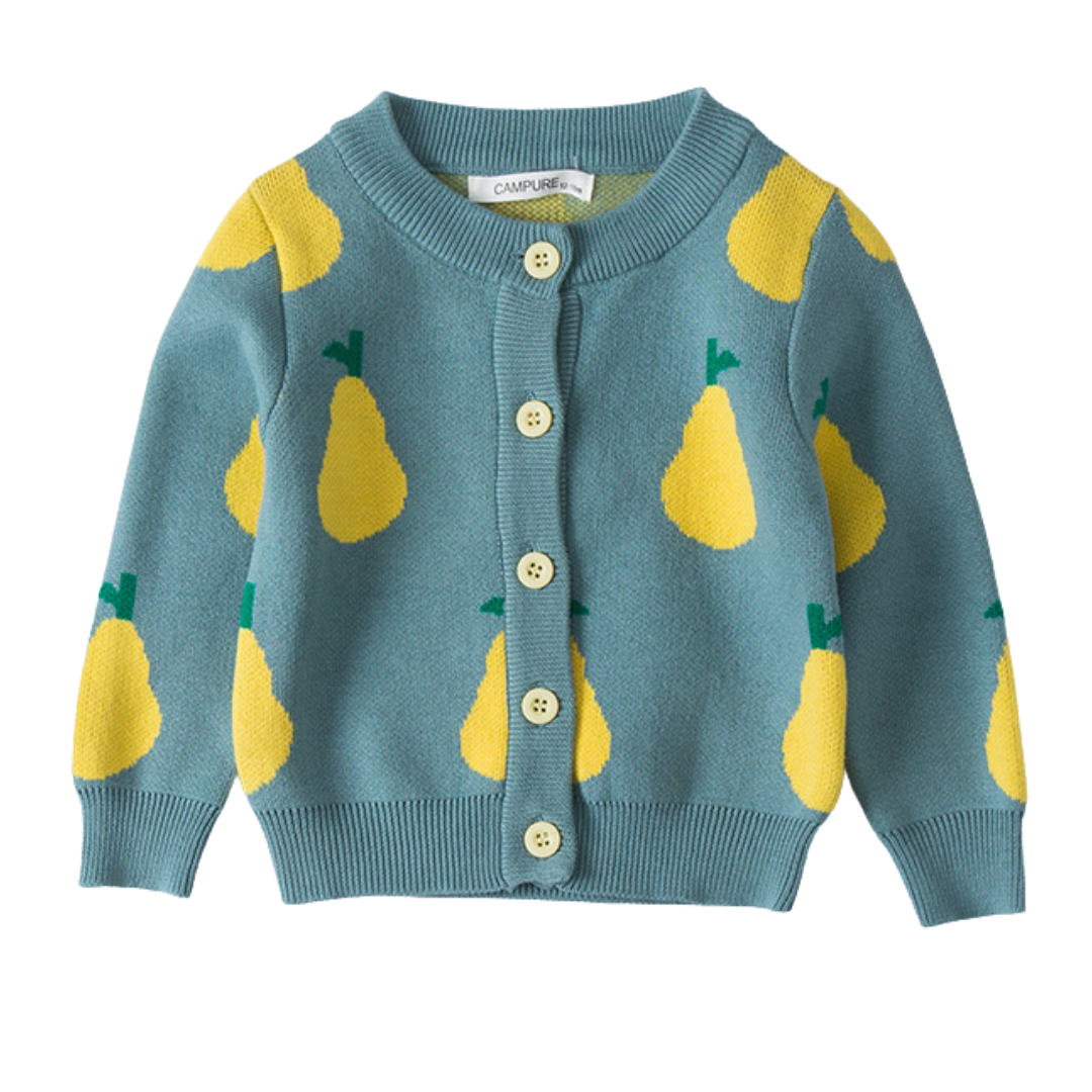 Girls' knitted cardigan sweater in pink with pear fruit pattern, perfect for toddler outerwear or fall fashion.