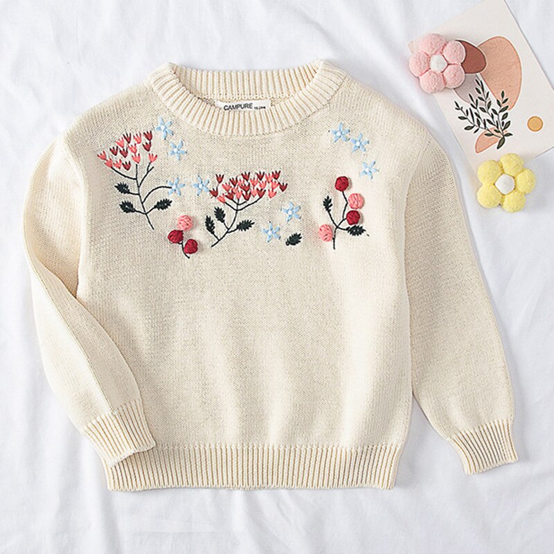 Toddler girl wearing a cozy pink knitted cardigan with pear fruit design, suitable for winter wear.