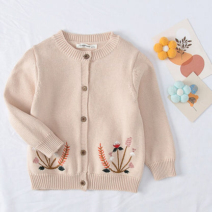 Comfortable pink cotton sweater for girls with a charming pear fruit design, great for casual wear.
