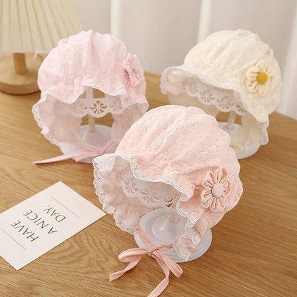 Girls' lace ruffle baby bonnet hat, white with mesh for summer sun protection