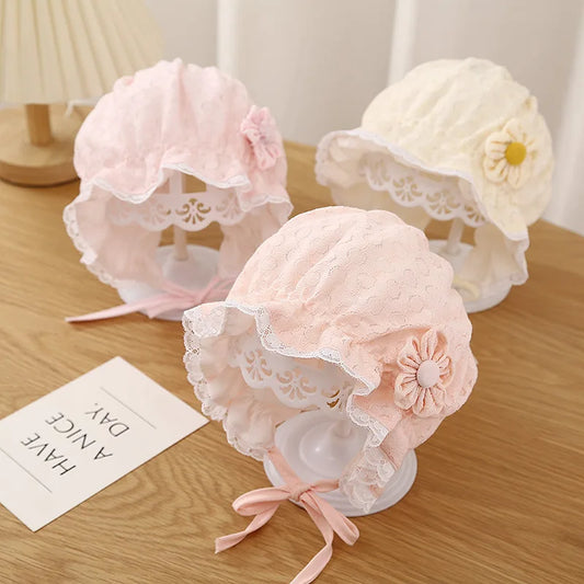 Girls' lace ruffle baby bonnet hat, white with mesh for summer sun protection