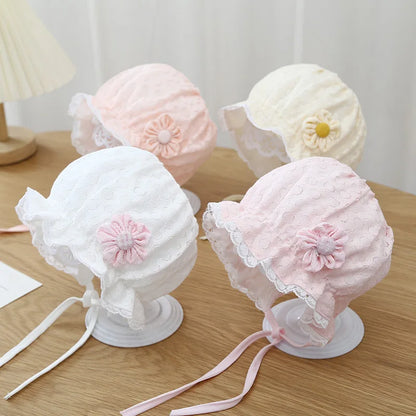 Newborn baby bonnet, white lace and ruffle details, perfect for summer fashion