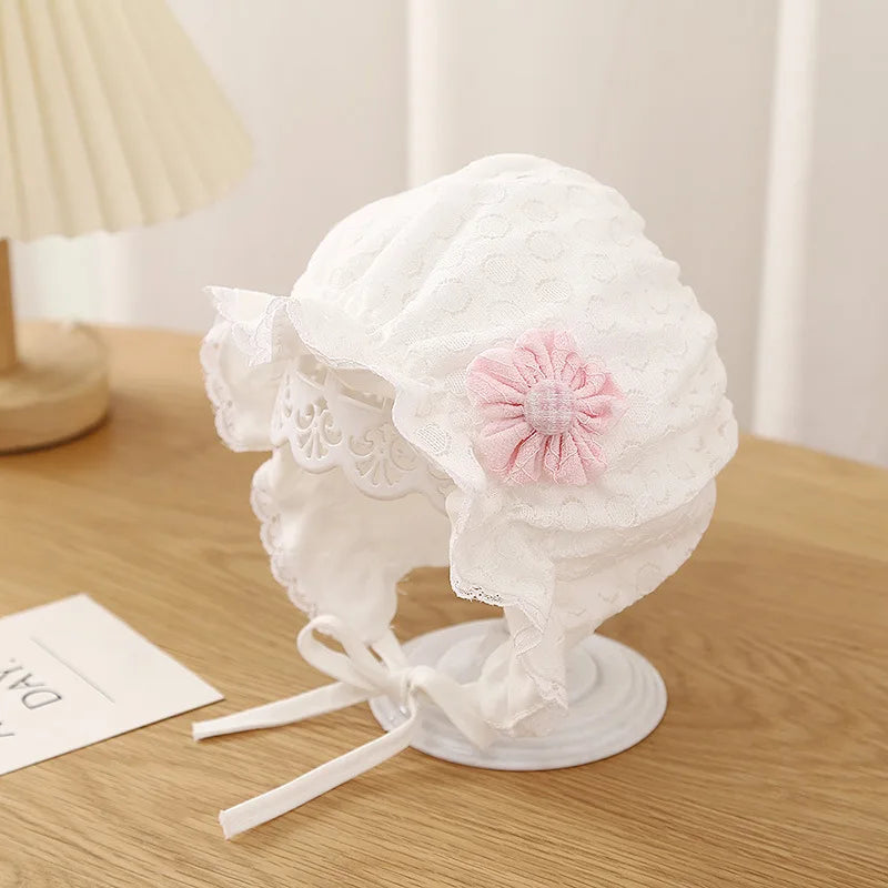 Infant lace hat with ruffles, white, breathable for summer and sun protection