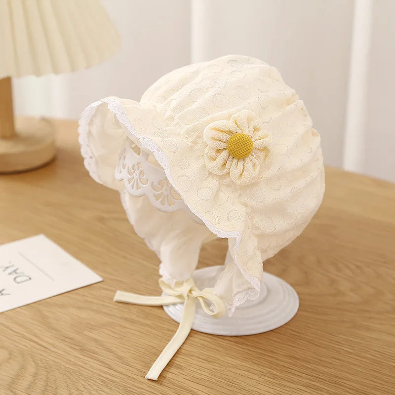 White lace ruffle baby bonnet, breathable summer infant sun cap with flower detail