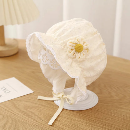 White lace ruffle baby bonnet, breathable summer infant sun cap with flower detail