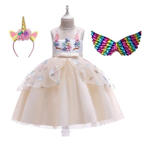 Girls' lavender unicorn princess party dress with ruffled skirt, shimmering wings, and matching headband.
