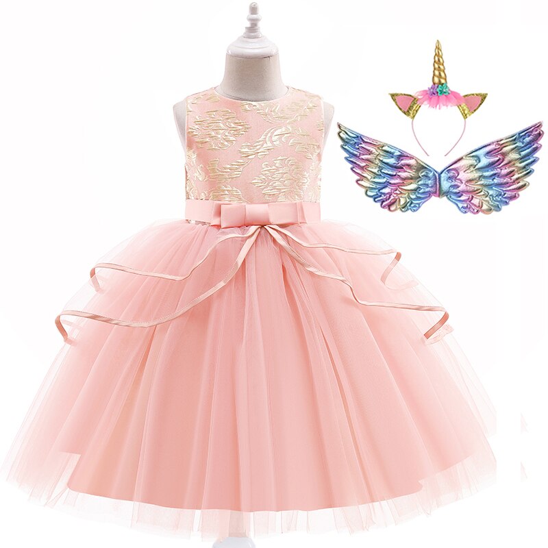 Complete set: Girls' magical unicorn dress, wings, and flower headband - ideal for a princess party.