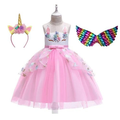 Full shot of a girls' pink and blue unicorn princess dress, showcasing the flowing tulle skirt and attached wings.
