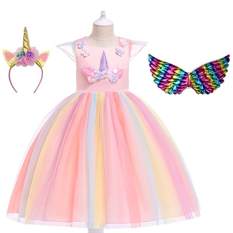 Back view of a girls' fantasy unicorn dress, highlighting the delicate, shimmery wings and bow detail.