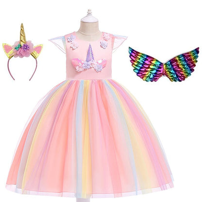 Back view of a girls' fantasy unicorn dress, highlighting the delicate, shimmery wings and bow detail.