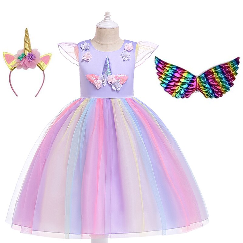Girls' children's apparel: a whimsical unicorn dress with a tiered skirt, perfect for a birthday party.