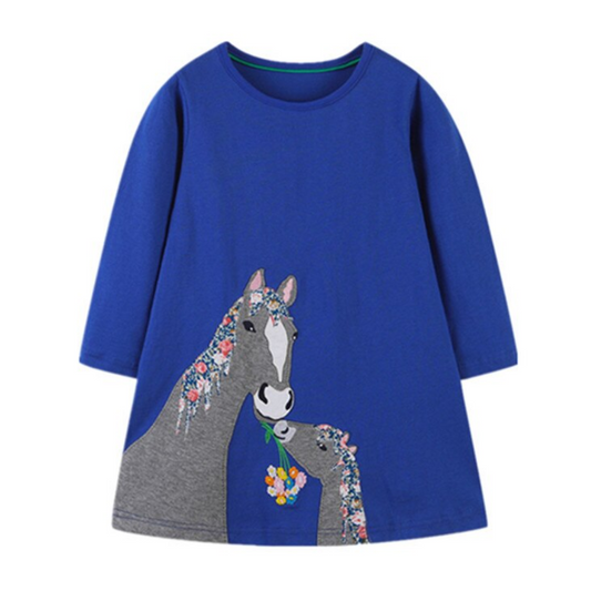 Girls' long sleeve cotton dress with charming horse print. Perfect for casual wear & toddler fashion.