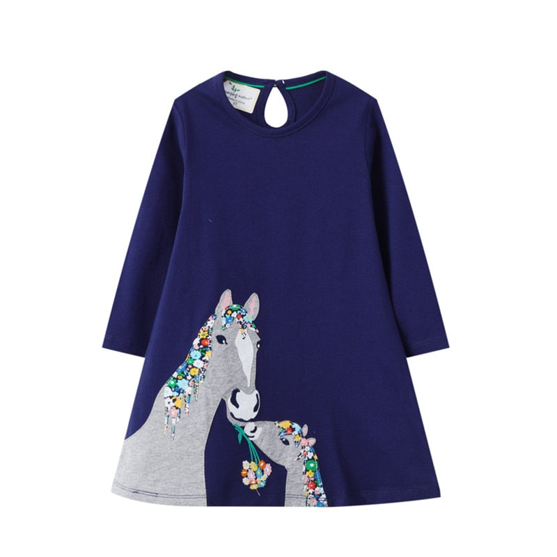 Girls' casual long sleeve cotton dress with fun horse animal print. Great for active toddlers.