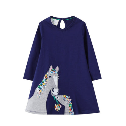 Girls' casual long sleeve cotton dress with fun horse animal print. Great for active toddlers.